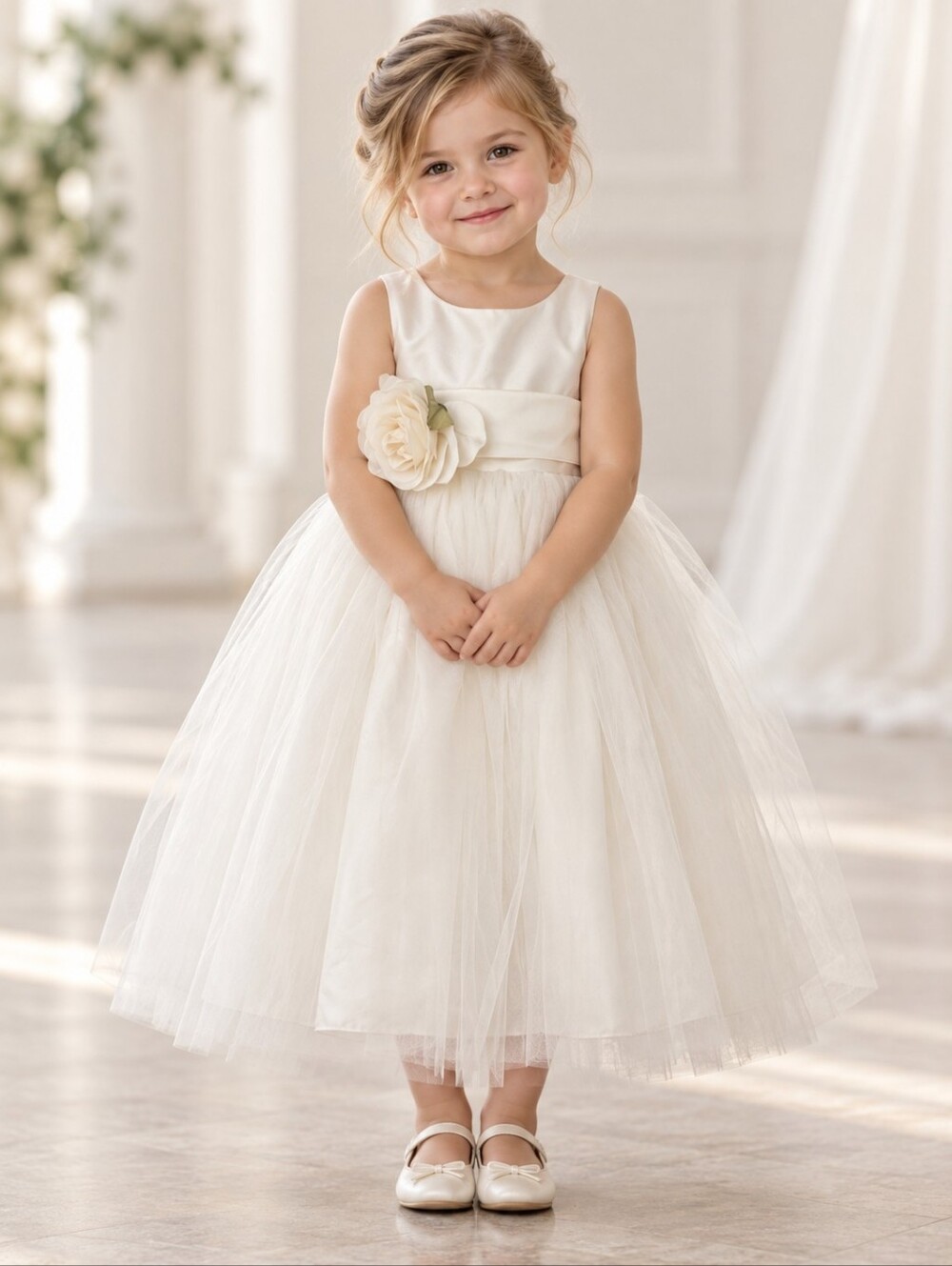 NWT Bloom Rare Find Ivory 3D Flower Tulle Bow Bridal Flower Girl Dress 3T